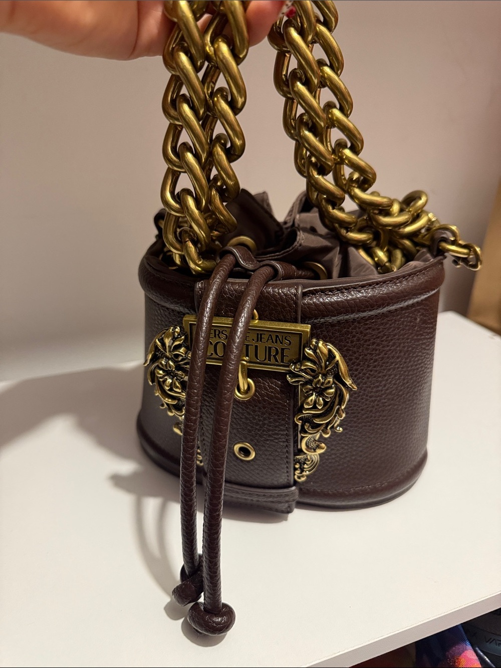 Versace Jeans Couture Brown Leather Mini Bucket Bag with Gold Hardware - Picture 4 of 6